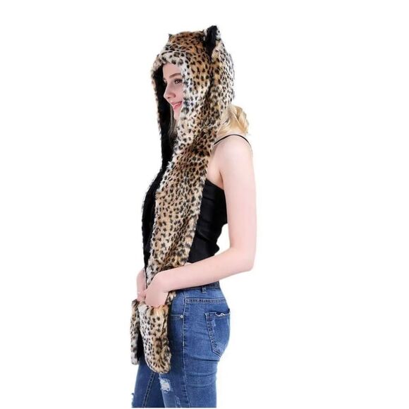 Faux Fur Hat Hood Scarf Full Pockets Ear Flat Cap Hoodie Winter Party Costume main image 4